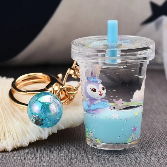 Kawaii Keychains Boba Baby Bunny Blue Drink Milk Tea Cup Liquid Keychain NEW - Picture 1 of 1
